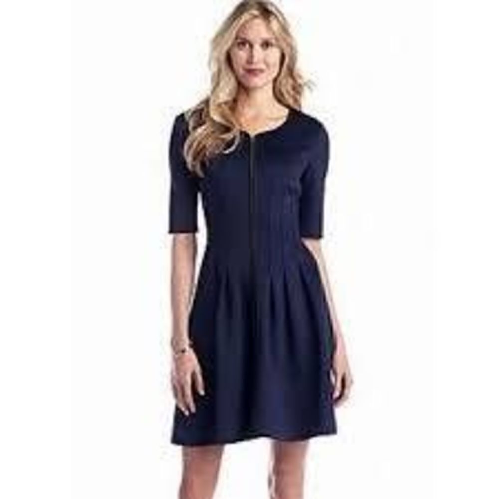 Betsey Johnson Fit & Flare Dress Full Zip Womens SZ 10 Pleated Navy Scuba Mini